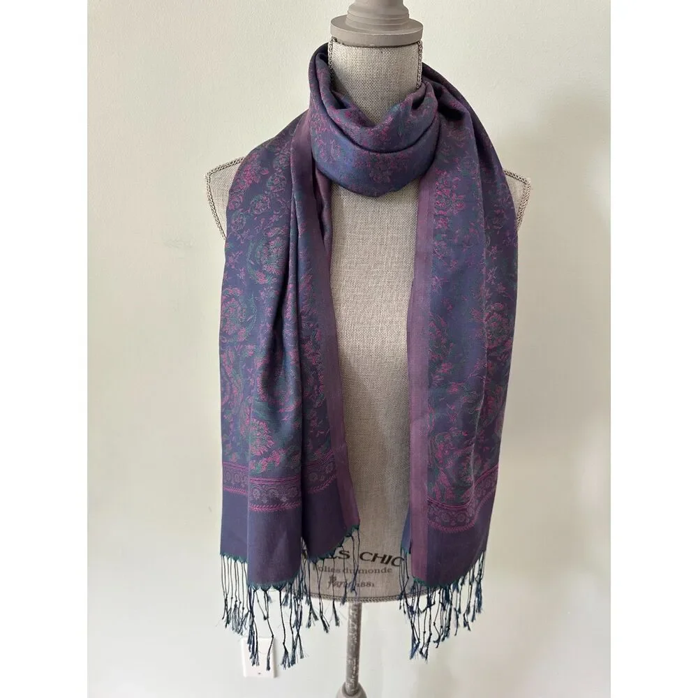 Vintage Silk Scarf Wrap Shawl Purple Magenta Floral Jacquard Fringe Edge Boho